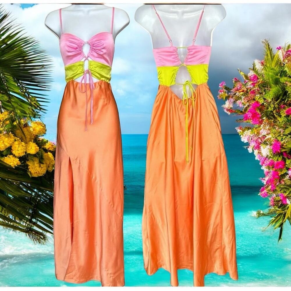 Show Me Your Mumu Calloway Cut Out Dress Cantaloupe SMALL Satin Slit $198 NEW - Picture 2 of 6
